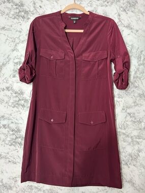 Express Wine Red Utility Shirt Dress